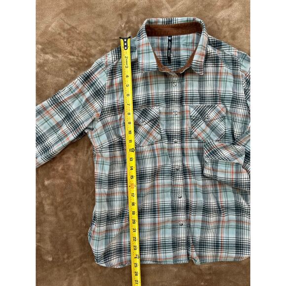 Kuhl Flannel Long Sleeved Snap Button Plaid Shirt Corduroy Accents Size Large - Picture 6 of 6